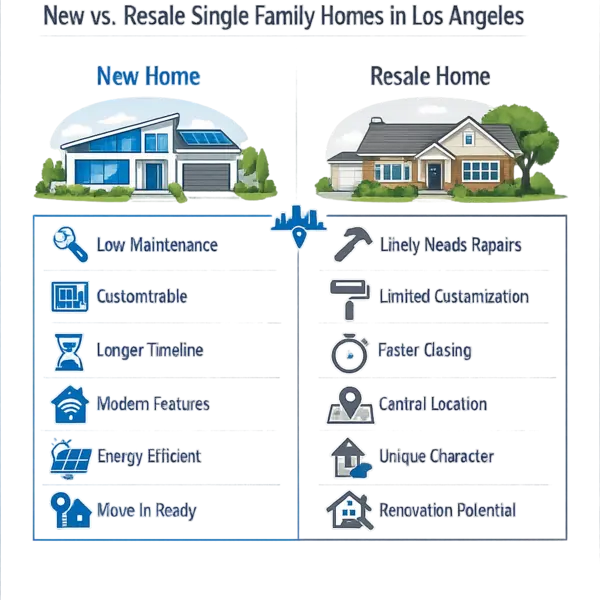 Modern infographic comparing new single family homes and resale homes in Los Angeles with features, maintenance, and buyer priorities.