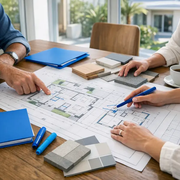 Collaborative ADU planning session with site plans and material samples for accessory dwelling units ADU California.