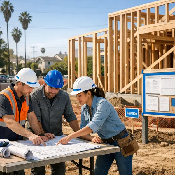 Residential new construction in Los Angeles with plan sets, permit board, and active site work visible.