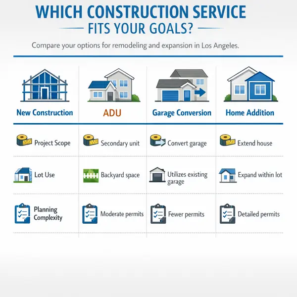 Comparison infographic for New Construction in Los Angeles choices such as ADU, garage conversion, and home addition