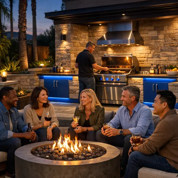 Professionally designed outdoor kitchen, BBQ, and fire pit with homeowners enjoying a relaxing evening