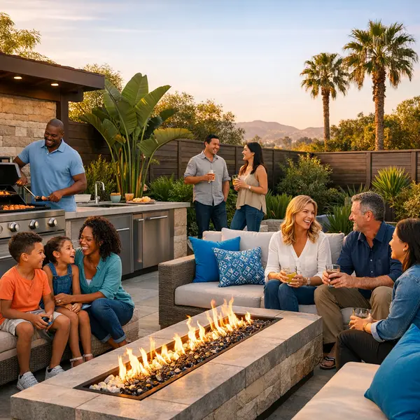 Outdoor kitchen, BBQ & fire pit with family entertaining in a stylish Los Angeles backyard