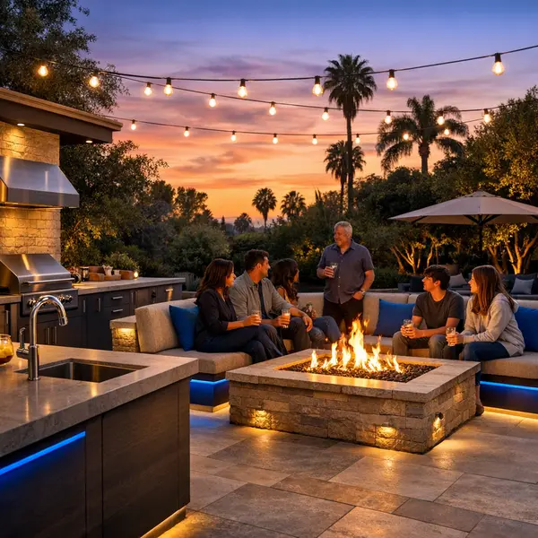 Professionally crafted outdoor kitchen, BBQ, and fire pit in Tarzana with family enjoying an evening gathering.
