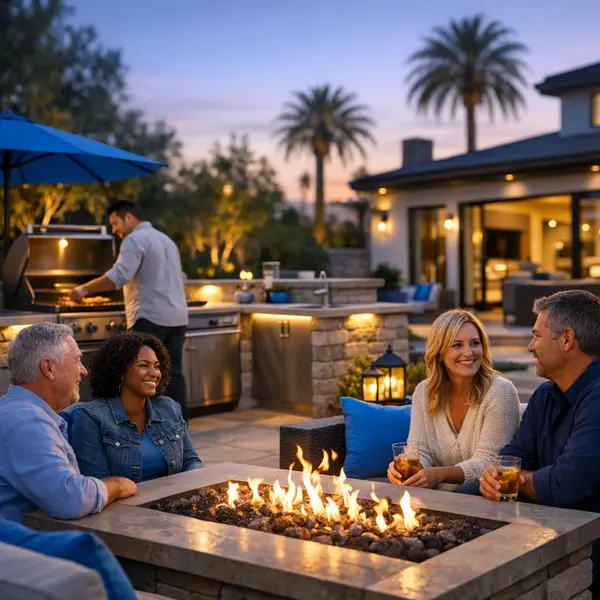 Professionally built outdoor kitchen, BBQ, and fire pit at dusk with guests enjoying Agoura Hills backyard living.