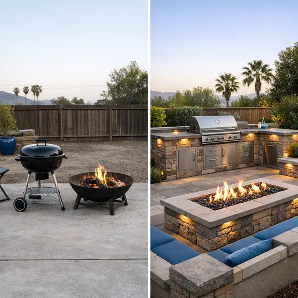 Direct comparison of portable versus custom Outdoor Kitchen, BBQ & Fire Pit setups on a modern patio.