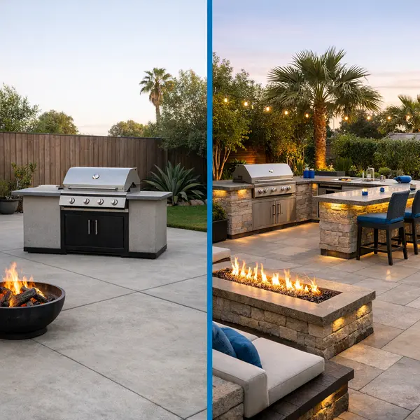 Side-by-side of prefab island and custom Outdoor Kitchen, BBQ & Fire Pit designs in a Tarzana backyard