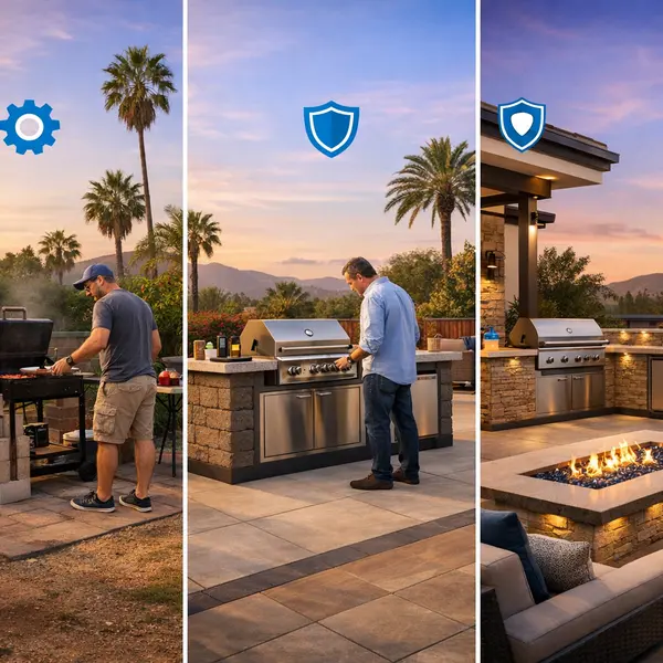 Side-by-side comparison of outdoor kitchen, BBQ, and fire pit options for Agoura Hills homeowners