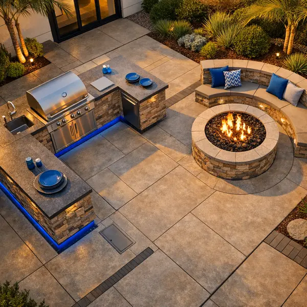 Contemporary outdoor kitchen, BBQ, and fire pit showing design and cost factors for Los Angeles homes