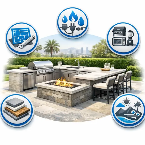 Infographic showing outdoor kitchen, BBQ & Fire Pit cost factors including size, layout, and appliances in Los Angeles