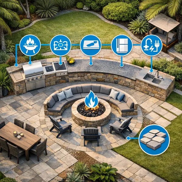 Infographic showing outdoor kitchen, BBQ, and fire pit features and cost factors for Agoura Hills homeowners