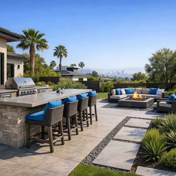 Modern outdoor kitchen, BBQ, and fire pit with sleek grill island, bar seating, and cohesive backyard design.