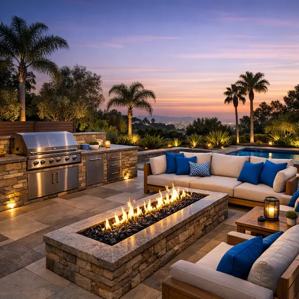 Custom outdoor kitchen, BBQ, and fire pit in a modern Los Angeles backyard at sunset