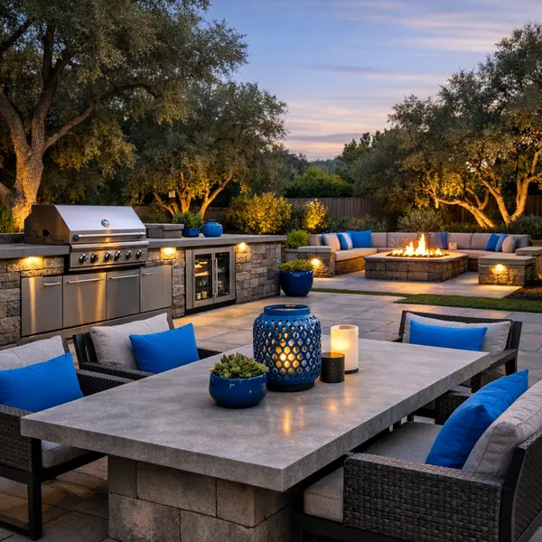 Modern outdoor kitchen, BBQ, and fire pit project in a Tarzana backyard showcasing dining and entertaining space.