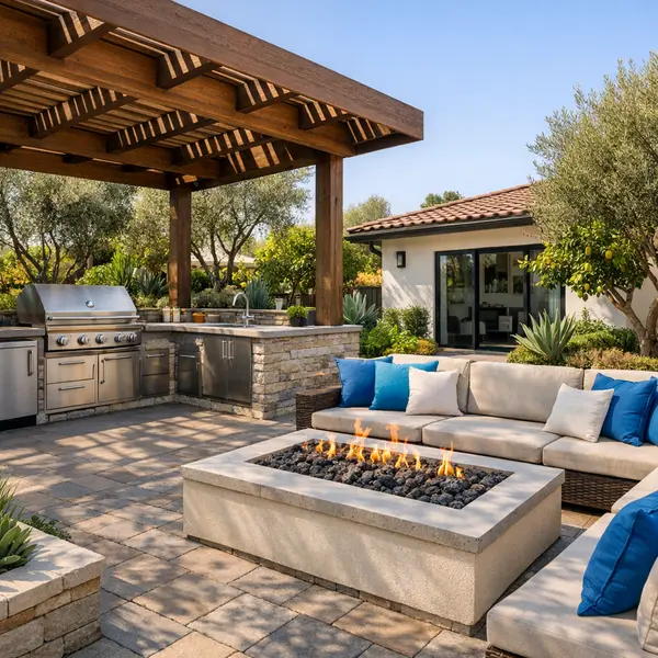 Contemporary outdoor kitchen, BBQ, and fire pit project in Agoura Hills backyard designed for functional entertaining.