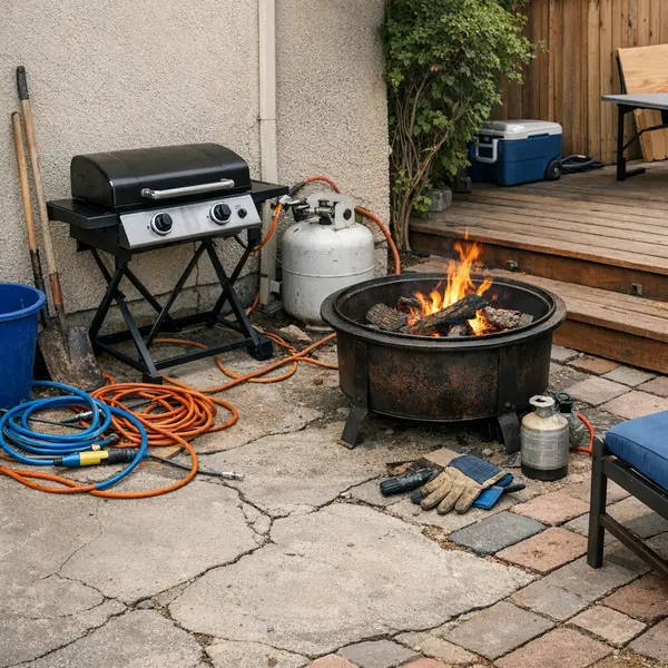 Unplanned outdoor kitchen, BBQ & fire pit area with uneven patio and safety issues visible near house.