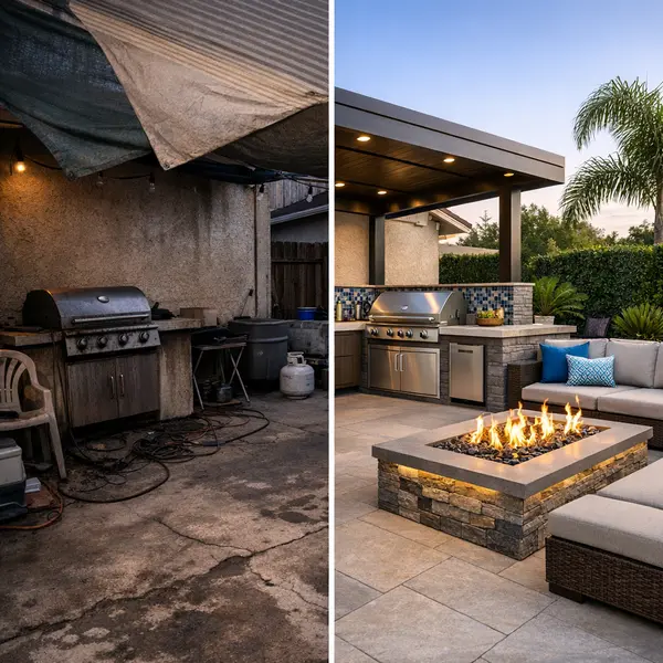 Before-and-after of a Los Angeles backyard showing upgraded outdoor kitchen, BBQ, and fire pit design.
