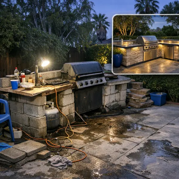 Cluttered Tarzana backyard with uneven outdoor kitchen and DIY BBQ fire pit issues visible