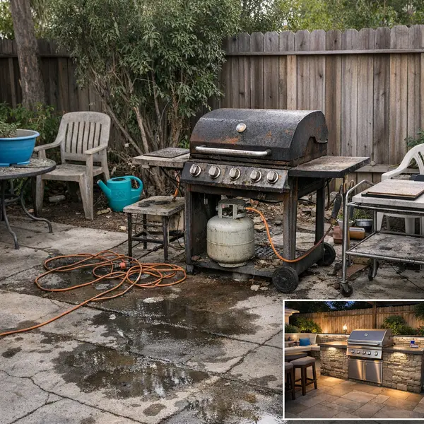 Crowded, outdated outdoor kitchen, BBQ & Fire Pit area in Agoura Hills needing renovation.
