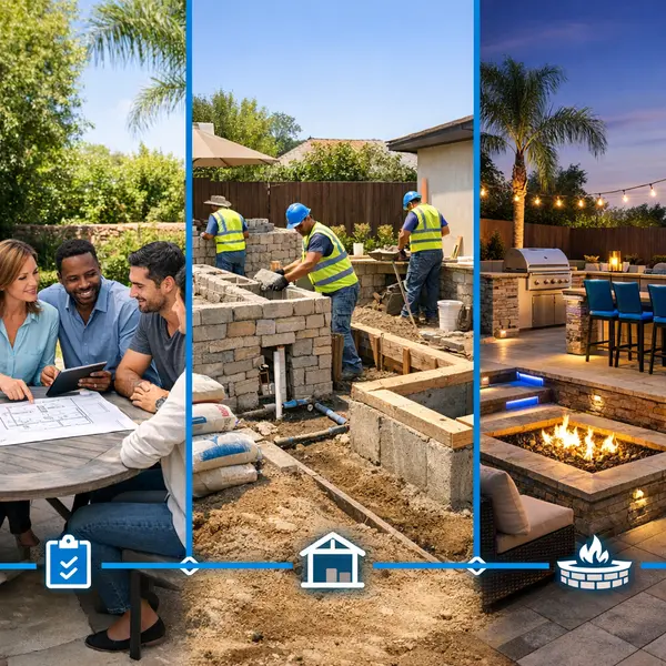 Three-phase timeline showing Outdoor Kitchen, BBQ & Fire Pit project from design through build to completion