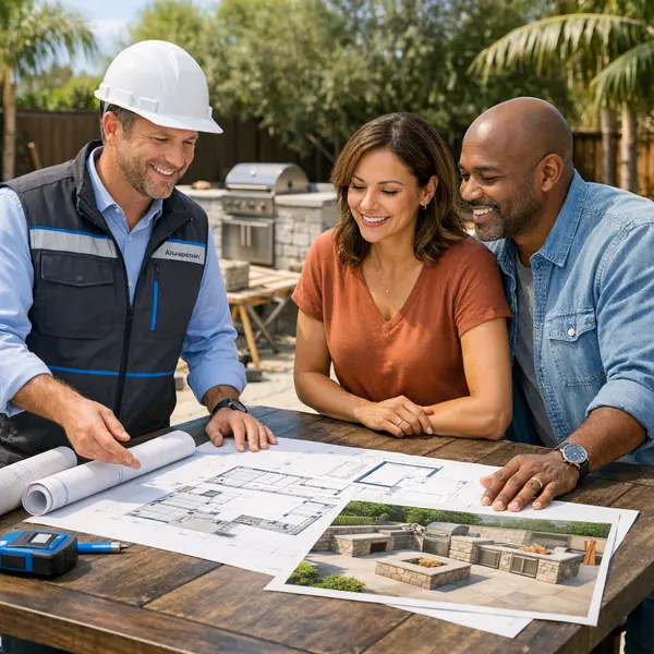 Project manager reviews outdoor kitchen, BBQ & fire pit plans with Los Angeles homeowners on site.