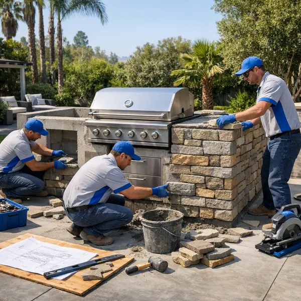 Construction crew installing stonework on a premium Outdoor Kitchen, BBQ & Fire Pit in Tarzana backyard
