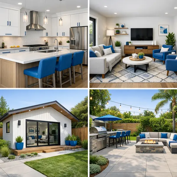 Grid of outdoor kitchen, BBQ & fire pit projects including kitchens, ADUs, garage conversions, and backyard upgrades