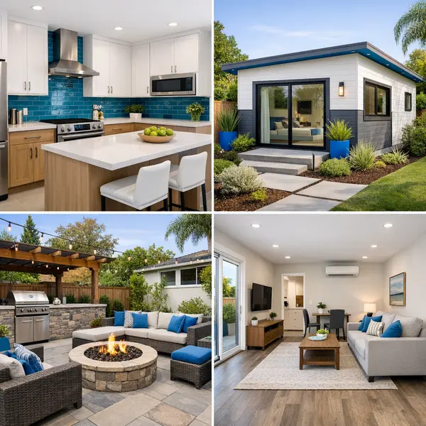 Grid of recent outdoor kitchen, fire pit, ADU, and garage conversion projects by Alvapareen Construction in Los Angeles