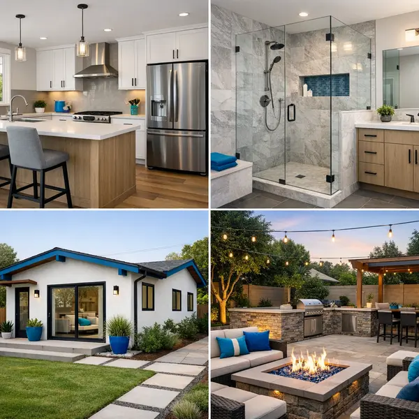 Grid of four completed projects including an outdoor kitchen, bathroom remodel, ADU, and modern kitchen by Alvapareen Construction.