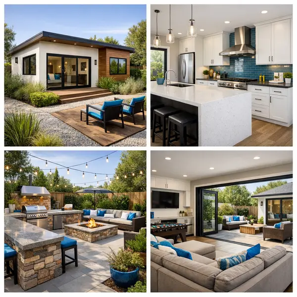 Grid of outdoor kitchen, BBQ, ADU, backyard, and garage conversion remodels in Agoura Hills