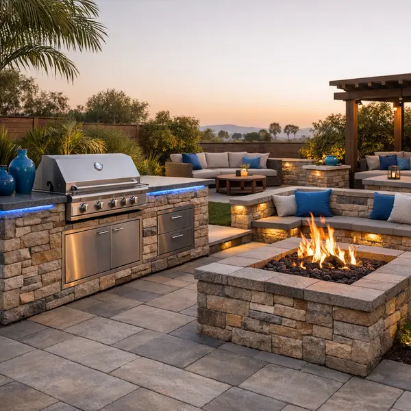 Luxurious outdoor kitchen, BBQ, and fire pit setup with stone island and custom fire feature for cohesive entertaining zones.