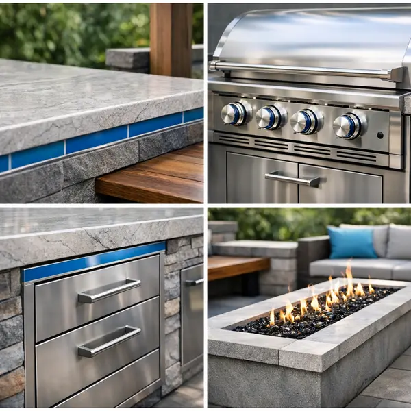 Custom-built outdoor kitchen, BBQ, and fire pit details designed for discerning Tarzana homeowners