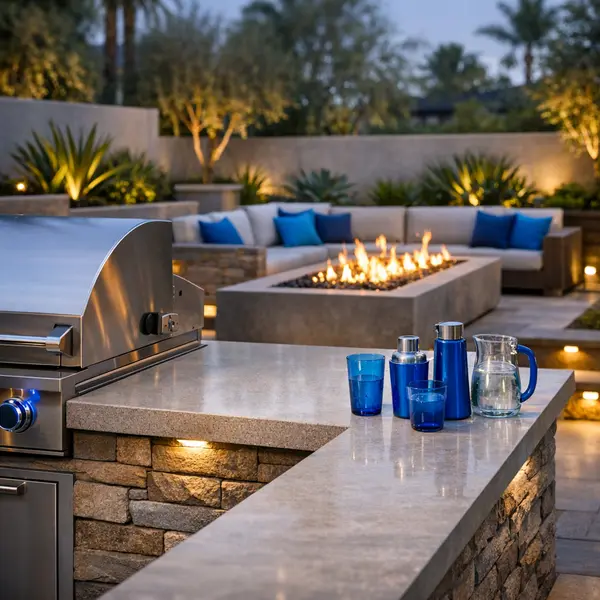 Upscale outdoor kitchen, BBQ & fire pit in Agoura Hills featuring modern design and custom stonework details.