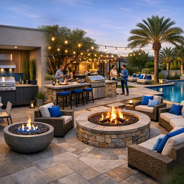 Gallery showing three Outdoor Kitchen, BBQ & Fire Pit setups for entertaining and compact yards