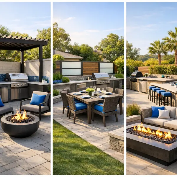 Completed outdoor kitchen, BBQ, and fire pit setups in Los Angeles homes for various yard sizes