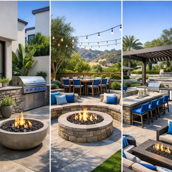 Three distinct outdoor kitchen, BBQ, and fire pit spaces designed for Agoura Hills homeowners.