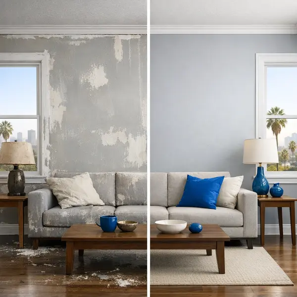Before-and-after comparison highlighting problems fixed by quality home painting services, including peeling paint, uneven color, and clean professional results.