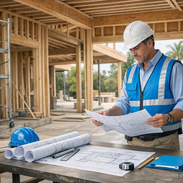 Partially framed luxury home during new construction in Beverly Hills, showing plans and professional project setup