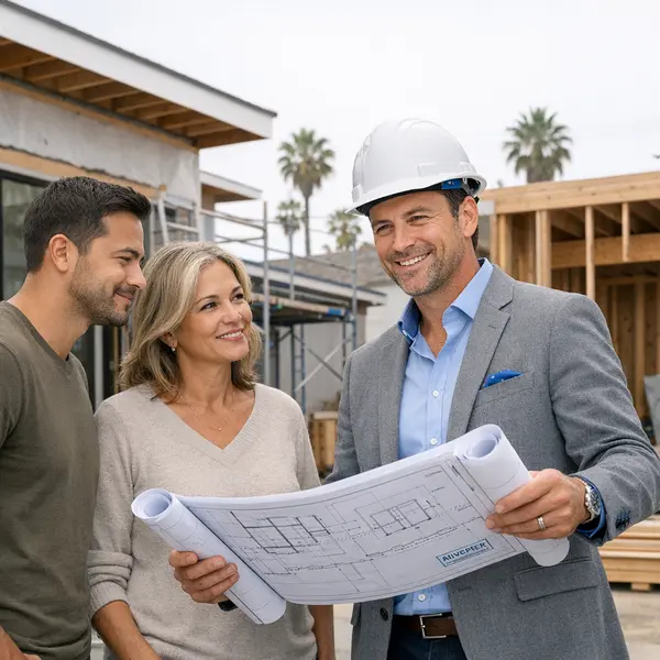 Permit, Plan & Engineering expert with clients reviewing approved building plans on-site