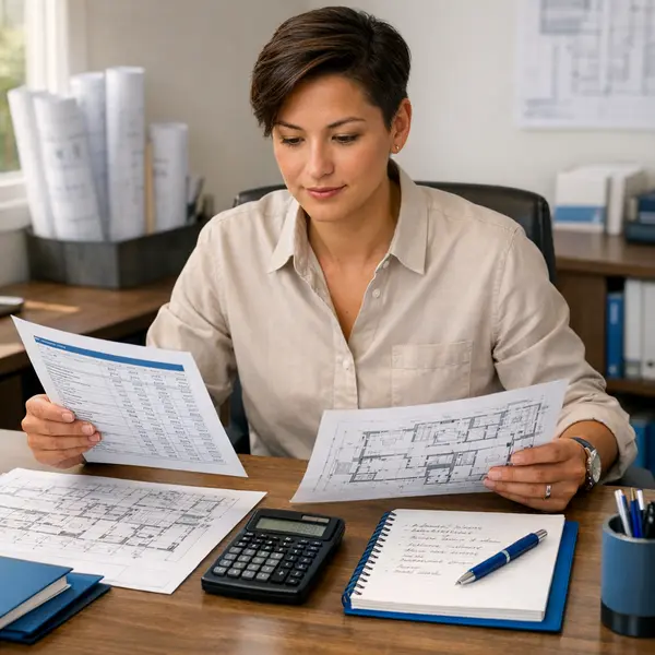 Project manager reviewing permit, plan & engineering cost estimate and planning documents at organized desk