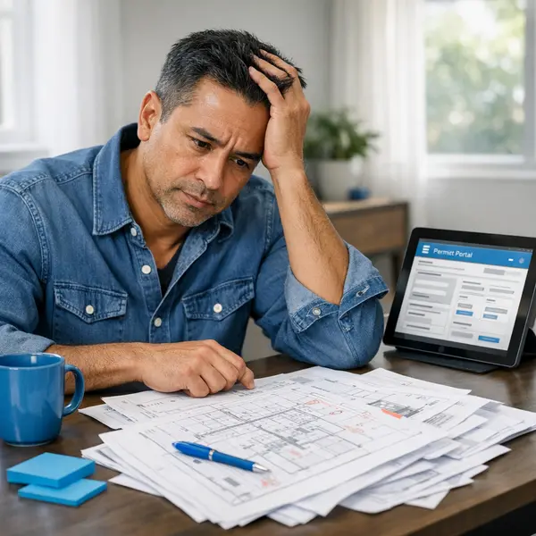 Homeowner reviewing permit, plan & engineering paperwork with online portal during a construction project