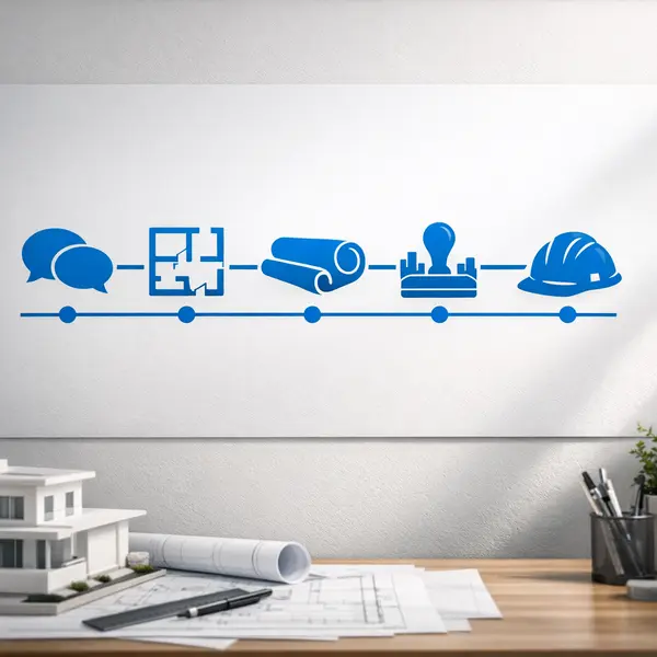 Step-by-step Permit, Plan & Engineering process roadmap at an architect’s workspace