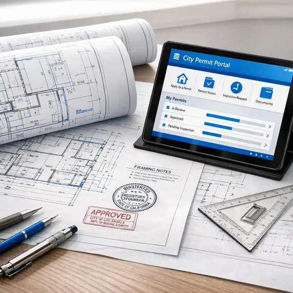 Professional drafting table with permit, plan & engineering documents and digital permit application portal.