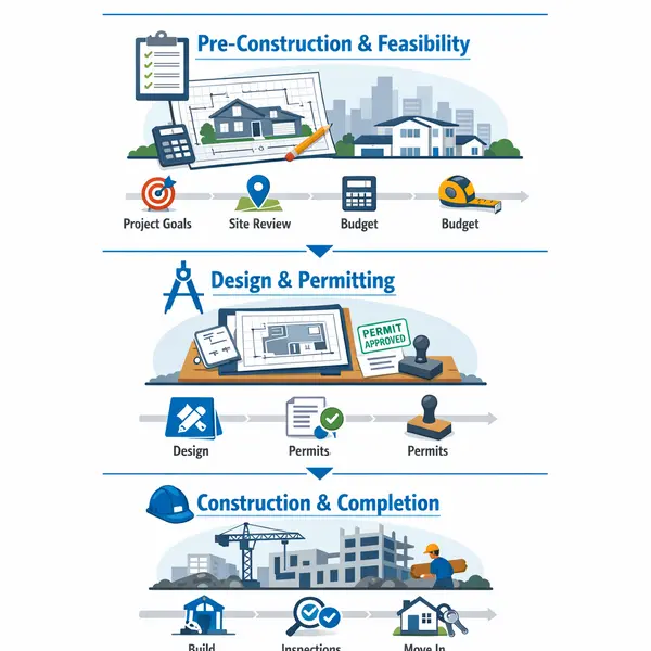 Step-by-step infographic showing the planning process for new construction developments near me, from goals to completion phases.
