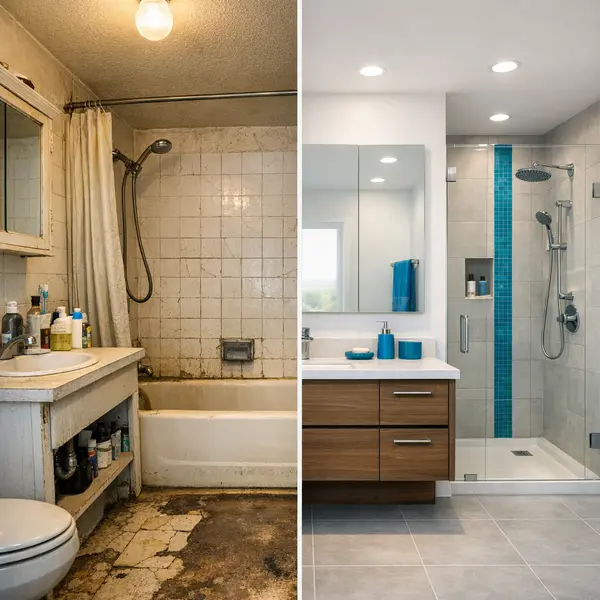 Split-view Los Angeles bathroom before and after bathroom remodeling highlighting common problems and results