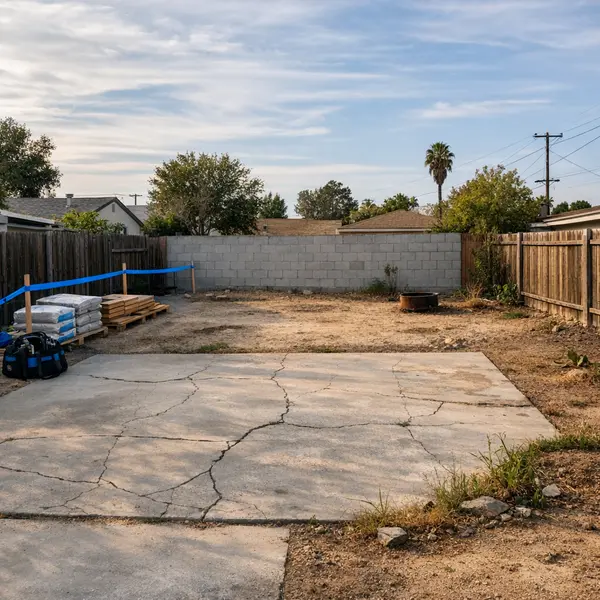 Backyard transformations project in Los Angeles showing an unused yard with cracked concrete, minimal landscaping, and early renovation signs.