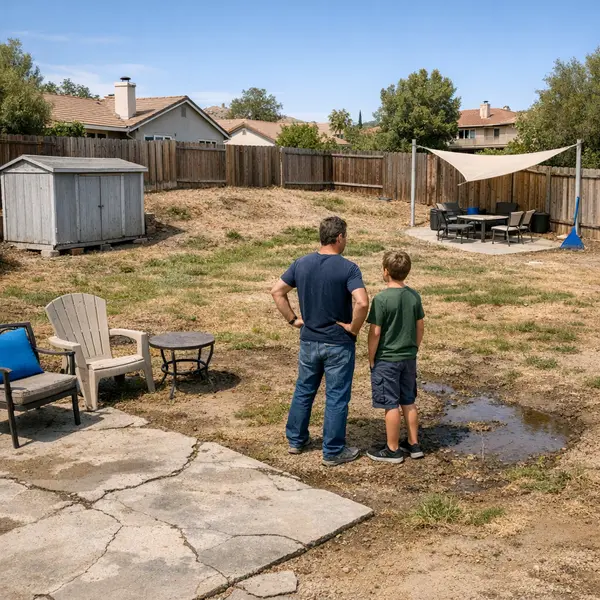 Underused backyard with patchy grass and outdated hardscape before backyard transformations in Agoura Hills.