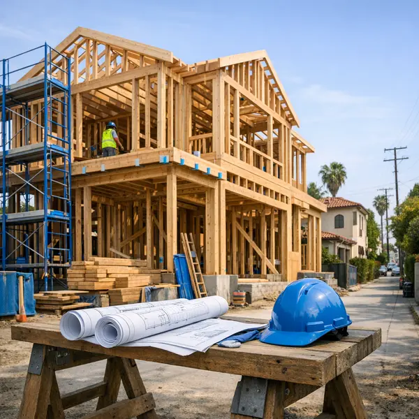 In-progress residential New Construction site with framing and planning visible in Sherman Oaks.