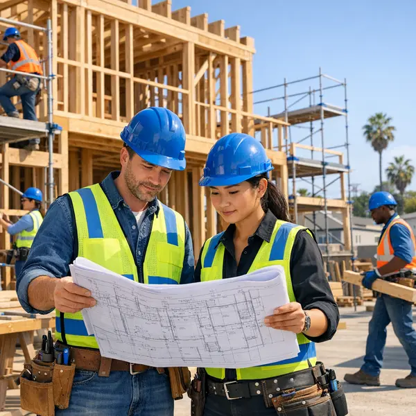 Organized new construction site in Winnetka showing crew reviewing plans and managing project challenges.