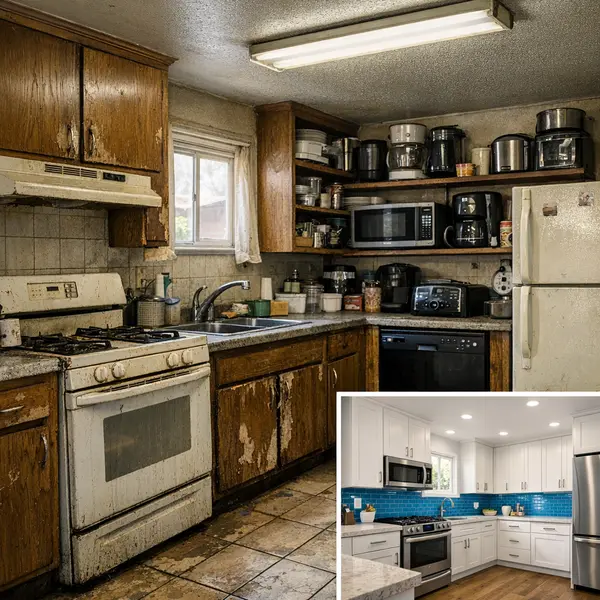 Outdated Los Angeles kitchen with cramped layout and clutter, showing typical kitchen remodeling needs