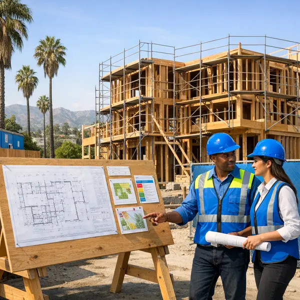 Active new construction site in Los Angeles showing framing, scaffold, and project planning by professionals.
